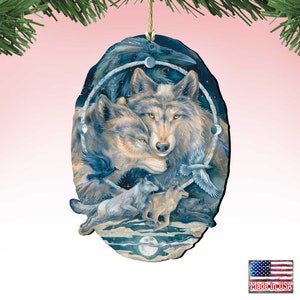 Jody Bergsma Art Spirit Wolves and Ravens Ornament - Holiday Tree Wooden Decor - Handcrafted Christmas Wooden Decor - 8591723-JB