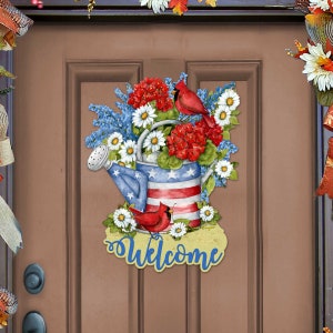 Handcrafted Patriotic Watering Can Door Hanger - Rustic USA Front Porch Decor – Fourth of July Welcome Sign - Susan Winget Art - 8471212H-SW