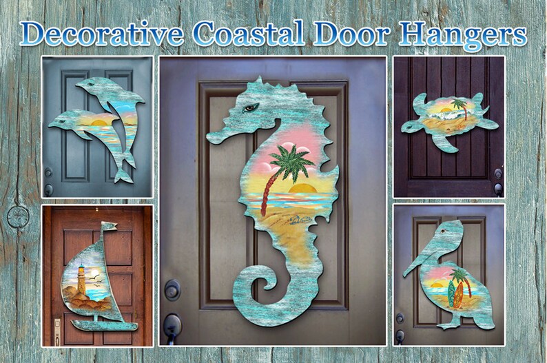 Coastal Wooden Sea Turtle Door Hanger - Beach Wall Art With Sunrise ...