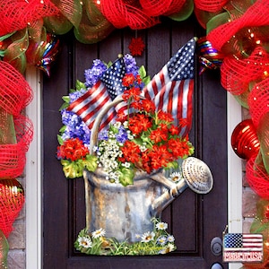 Patriotic Wooden Door Hanger - American Flag Watering Can Decor D. Gelsinger - 4th of July Front Door Sign -Summer Porch Decor-8461040H-1711