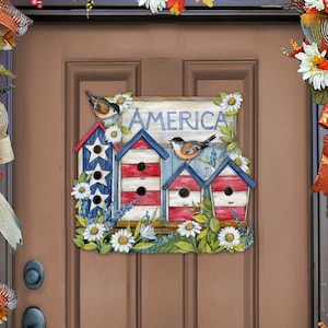 Patriotic Birdhouse - American Red White and Blue Wooden Farmhouse Decor - Bird Lover Welcome Sign - 8471213H-SW
