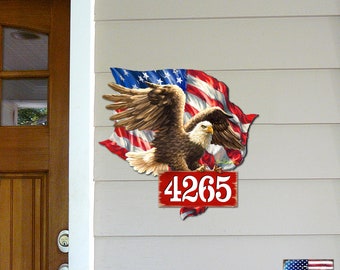 Outdoor Decor House Numbers | American Flag and Eagle House Number Plaque by Dona Gelsinger | Door Numbers Sign MA8461052-1432