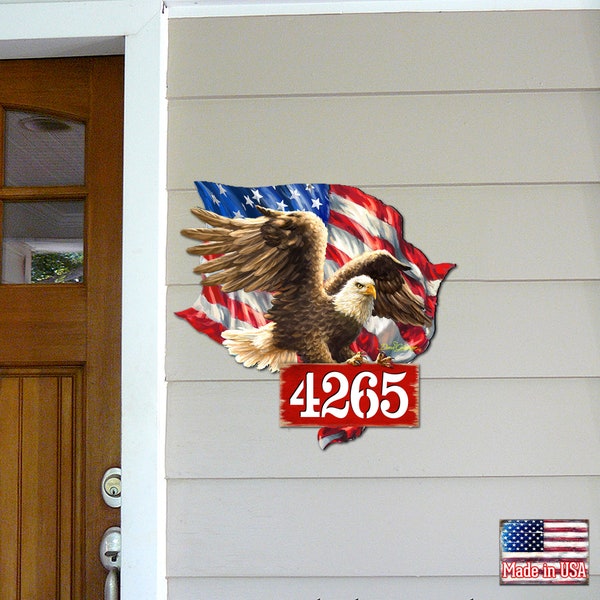 Números de casa personalizados con la bandera del águila americana, placa de madera artesanal con números, letrero artístico para puerta Dona Gelsinger MA8461052-1432, decoración para exteriores