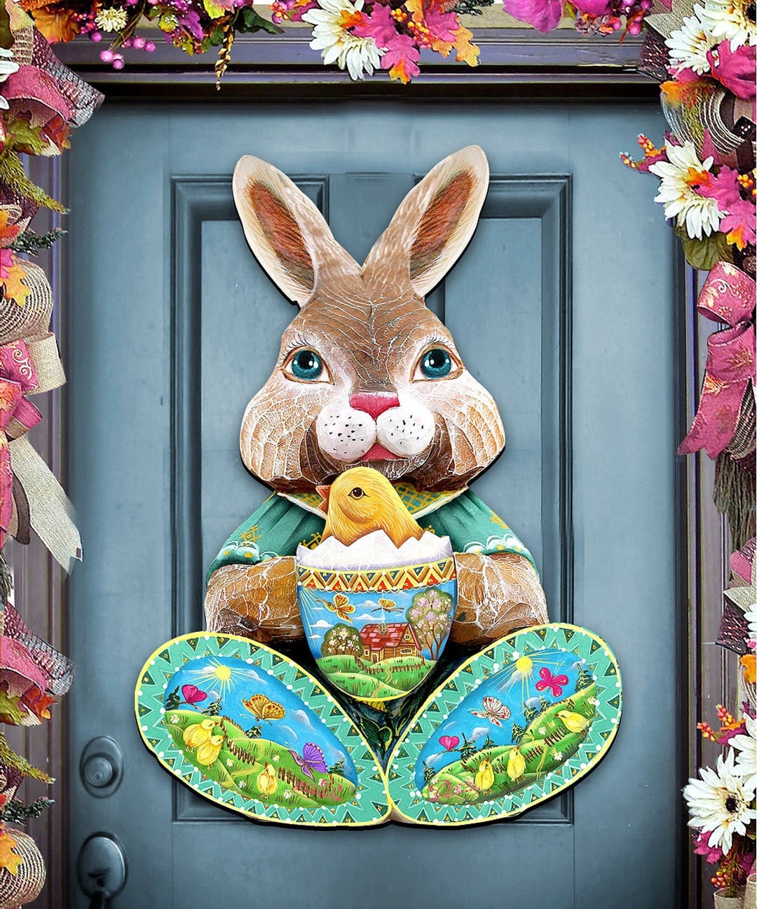 Hm Door Rabbit Easter Bunny and Chick Wooden Door Hanger - Front Door or Wall Decor ...