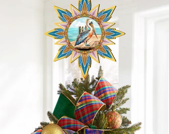 Coastal Pelican Star Tree Topper Handcrafted Wooden Christmas Décoration USA-made - Wildlife Holiday Décor - 89514 Art by G. Debrekht