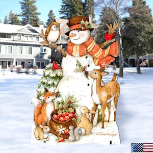 Ivory Snowman Outdoor Lawn Decor Susan Winget Art - Large Christmas Wooden Yard Statue Handcrafted in the USA for the Holidays - 8471107F-SW