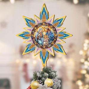 Peaceful Nativity Star Tree Topper Handcrafted Wooden Christmas Décoration USA-made - Nativity Holiday Décor - 89505 Art by G. Debrekht