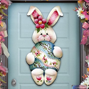 Easter Bunny Hugs Wooden Door Hanger - Spring Wreath for Easter Decor - Wall Hanging by Jamie Mills-Price - 8457602H