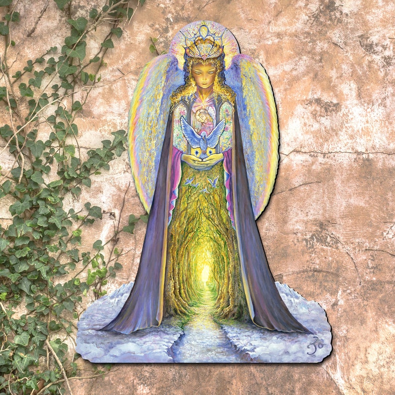 May include: A painting of an angel with a crown and wings, holding a dove in her hands. She is standing in front of a path leading to a bright light. The angel is wearing a long, flowing robe with a purple and blue color scheme. The background is a textured wall.