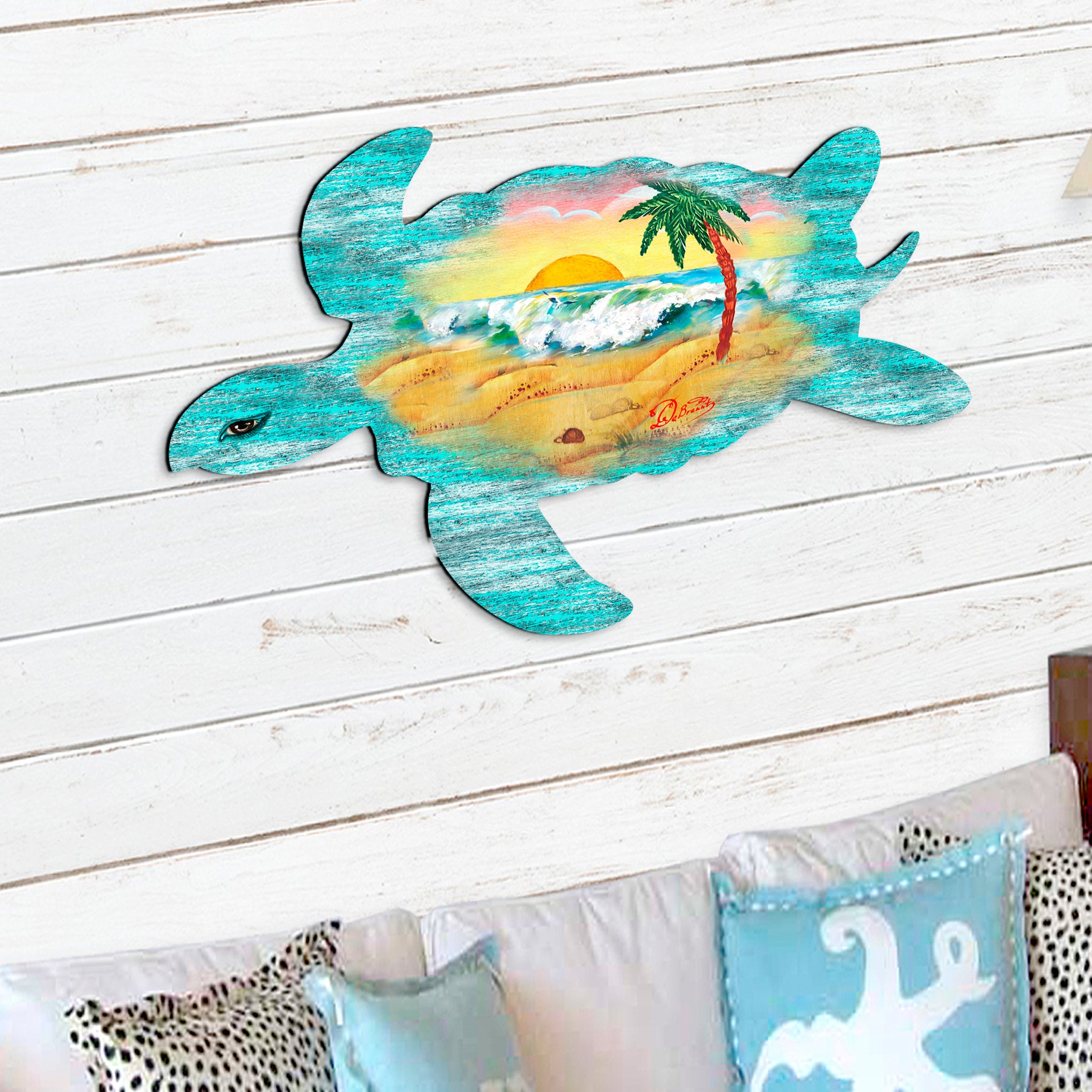 Coastal Wooden Sea Turtle Door Hanger - Beach Wall Art With Sunrise ...