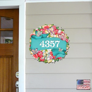 Floral Wreath House Number Plaque - PERSONALIZED Handcrafted Wooden Home Address Sign - MA81853033 - Made in the USA Made to Order