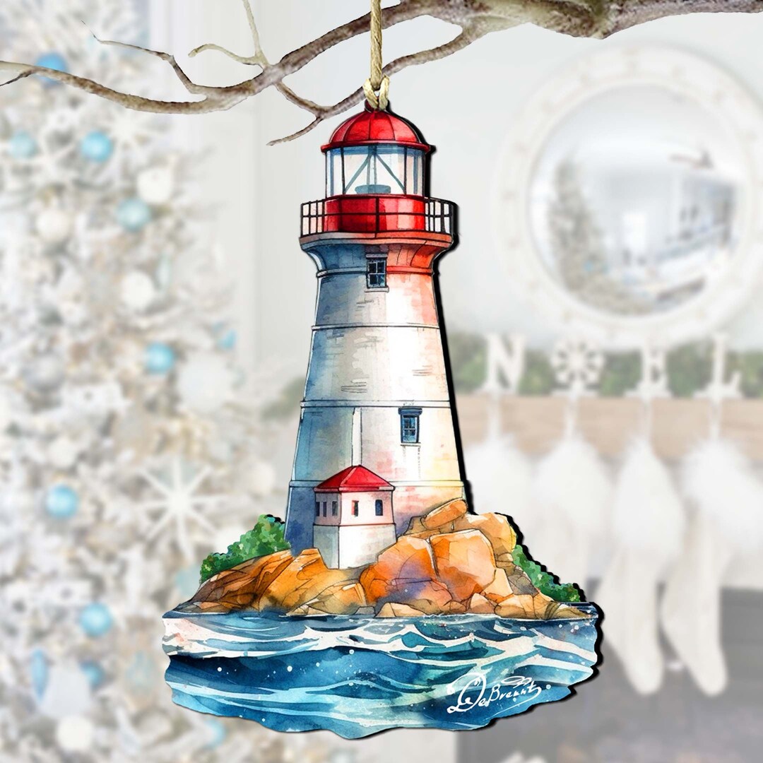 Nautical Lighthouse Ornament Coastal Christmas Holiday Wooden Decor ...