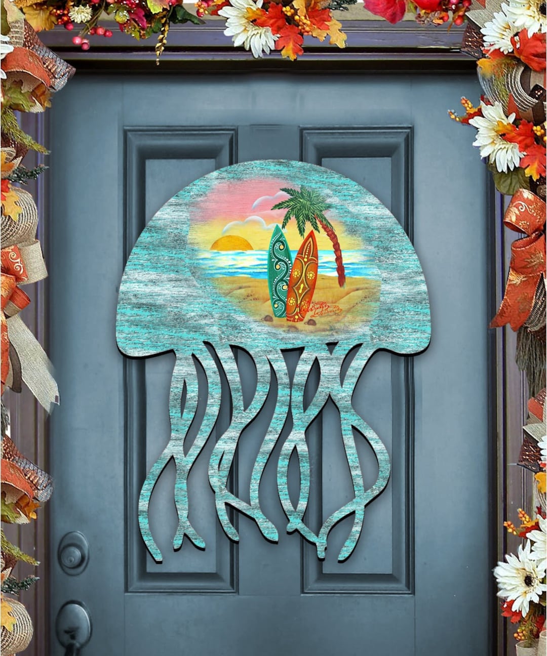Coastal Jellyfish Wooden Door Hanger – Rustic Nautical Wall Art for ...