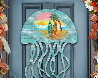 Coastal Jellyfish Wooden Door Hanger – Rustic Nautical Wall Art for Beach Cottage Decor - Beach Cottage Decor - Rustic Door Decor - 8198513H