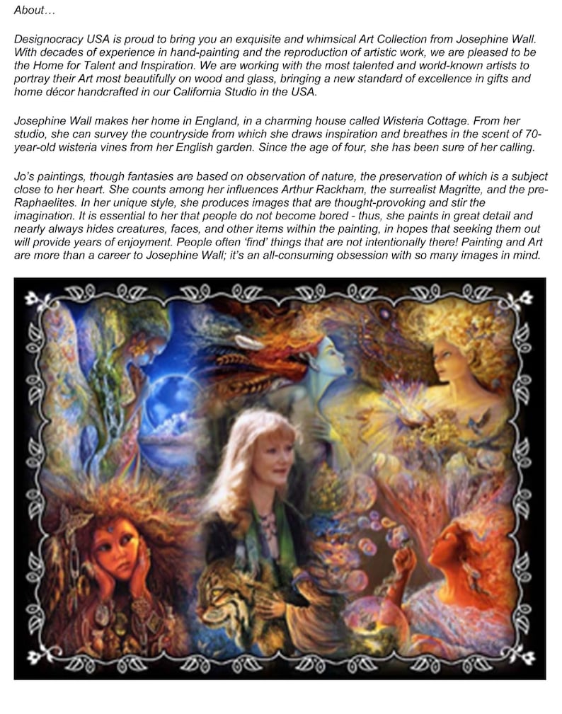 May include: A colorful painting by Josephine Wall, featuring a woman with long blonde hair and a whimsical, dreamlike style. The painting is full of detail and includes hidden creatures, faces, and other items. The text "Designocracy USA" is visible in the upper left corner.