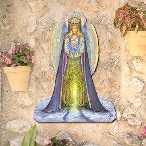May include: A colorful painting of an angel with wings, a crown, and a robe. The angel is holding two birds in her hands. The background is a forest path with a bright light at the end.