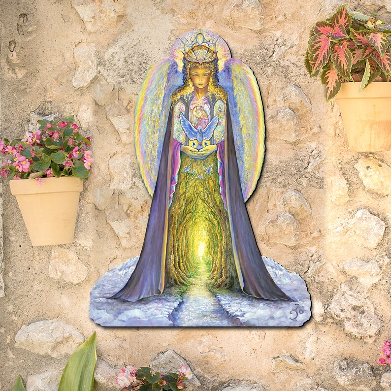 May include: A colorful painting of an angel with wings, a crown, and a robe. The angel is holding two birds in her hands. The background is a forest path with a bright light at the end.