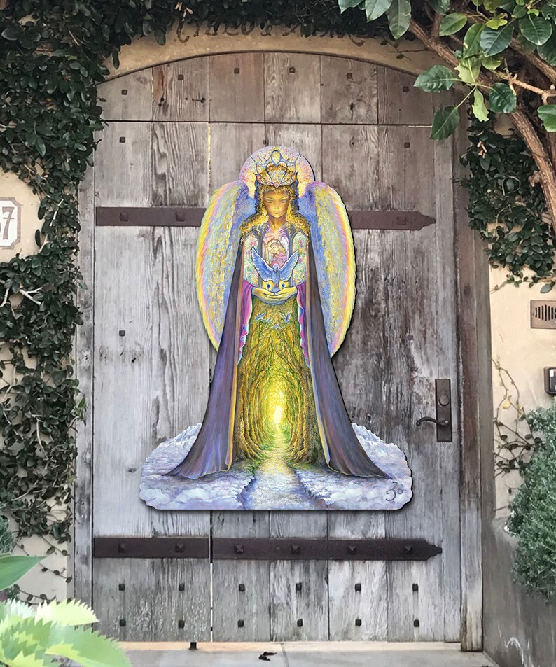 May include: A colorful painting of an angel with a crown and wings, holding a bird in her hands. The angel is standing in a forest with a path leading to a bright light. The painting is on a wooden door.