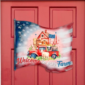 Welcome to Our Farm - Patriotic American Flag Front Door Sign - Wooden Porch Decor - 933107H