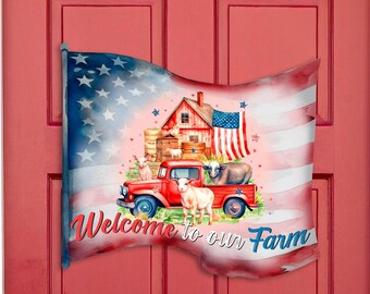 Welcome to Our Farm - Patriotic American Flag Front Door Sign - Wooden Porch Decor - 933107H