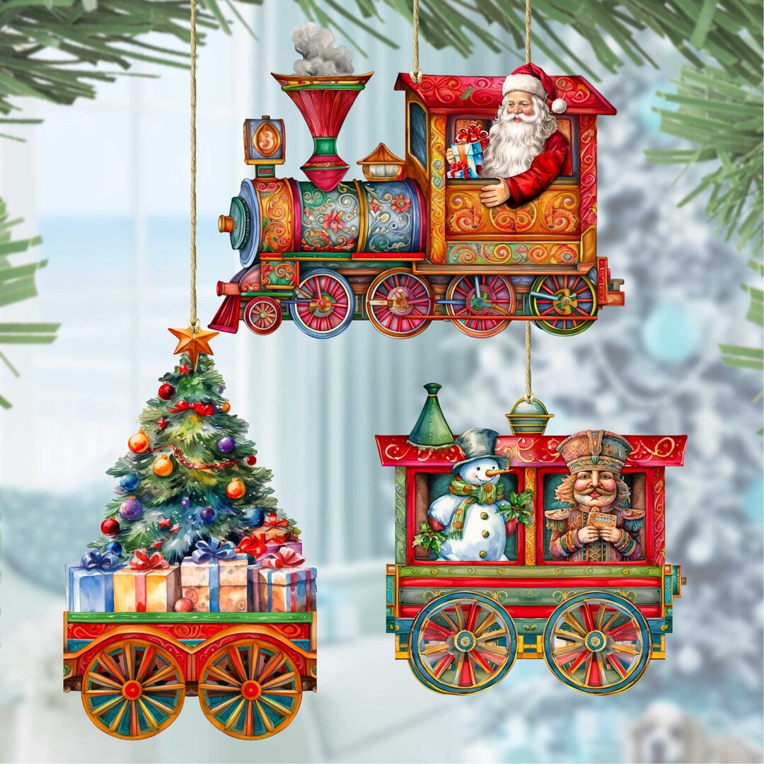 Santa Ride Design Santas Train Ride Ornament Set of 3 - Christmas Wooden Decor ...
