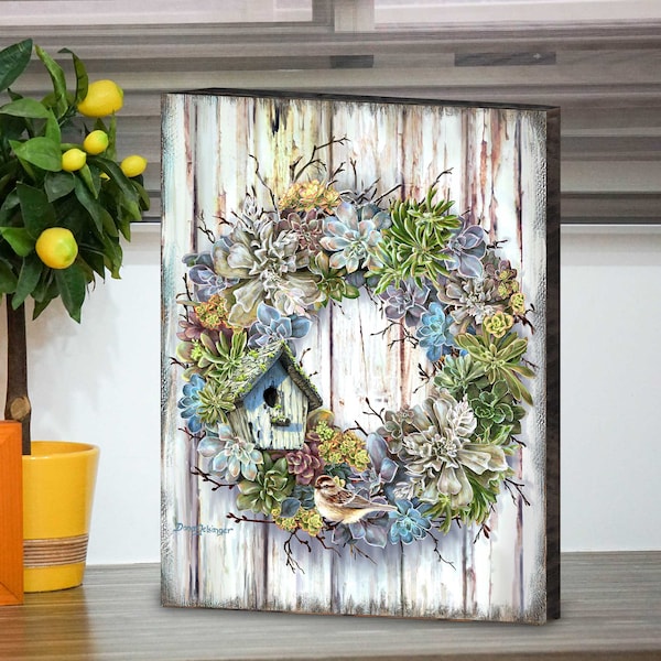 Wood Wall Decor - Succulent Wreath Art by Dona Gelsinger - Spring Office Decor - Housewarming Gift-   Art on Wooden Block -  95610B-1804