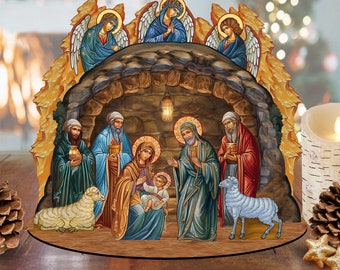 Orthodox Nativity Village Gift Set - Unique Christmas Religious Scene Handcrafted Wooden Holiday Centerpiece Decor 852762 Art by GDeBrekht