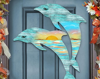 Dolphin Sunrise Door Hanger - Beach House Decor - Nautical Rustic Wooden Door Hanger - Coastal Ocean Decor 8198519H