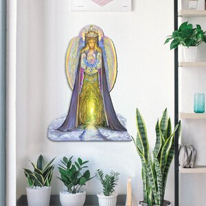 May include: A colorful painting of an angel with a crown, wings, and a flowing robe. The angel is holding a bird in its hands. The background is a forest with a path leading to a bright light.