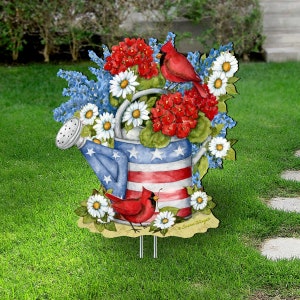 Patriotic Wood Yard Art - American Watering Can - Garden red and blue Floral Pot - Front Yard Sign - Rustic Outdoor Decor - 8471212M-SW
