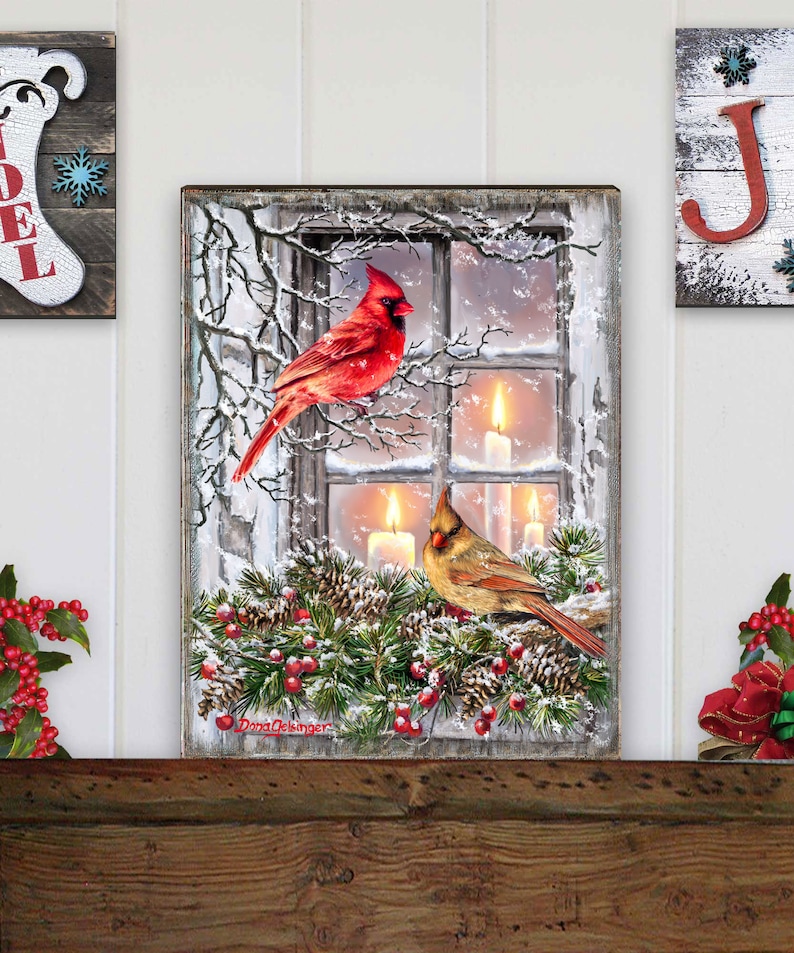 Winter Cardinals Art on Wood Collectible Nature Wall Decor Replica from original Paintings by Donna Gelsinger 95667B-DG image 4