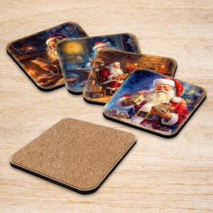 Santa Claus Coasters Gift Set of 4 Handcrafted Wooden Table Decor with Cork Art by G Debrekht - Santa Christmas Decor - 8199442C-S4