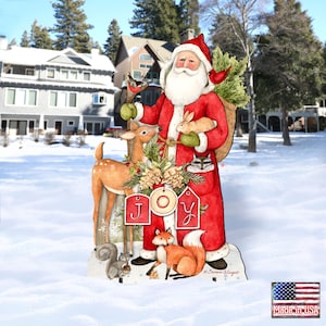 JOY Woodland Frosty Santa Lawn Decor Susan Winget Art, Large Outdoor Christmas Wooden Yard Statue for Holidays Housewarming Gift 8471105F-SW
