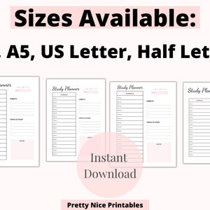 May include: A digital study planner with a white background and pink accents. The planner includes sections for scheduling, subjects, and notes. Available in A4, A5, US Letter, and Half Letter sizes. The words "Instant Download" are also visible.