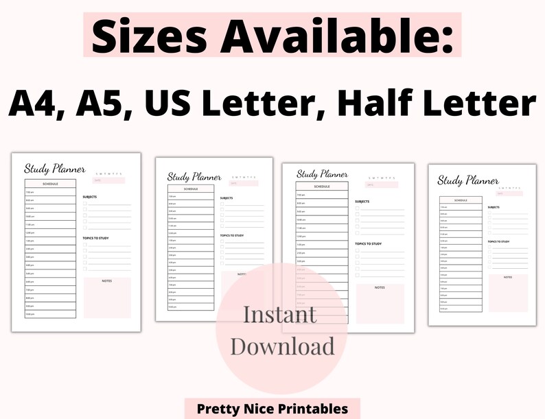 May include: A digital study planner with a white background and pink accents. The planner includes sections for scheduling, subjects, and notes. Available in A4, A5, US Letter, and Half Letter sizes. The words "Instant Download" are also visible.