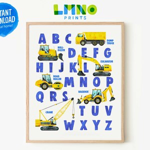 Dark Blue Construction Vehicle Alphabet Printable Watercolor Art, Truck and Digger ABC Decor for Boys Bedroom or Playroom- INSTANT DOWNLOAD
