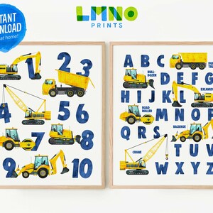 Set of 2 Navy Blue Construction Vehicle Alphabet and Numbers Printable Wall Art, Truck Digger ABC Decor for Kids Playroom- INSTANT DOWNLOAD