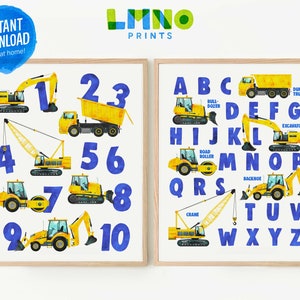 Set of 2 Dark Blue Construction Vehicle Alphabet and Numbers Printable Wall Art, Truck Digger ABC Decor for Kids Playroom- INSTANT DOWNLOAD