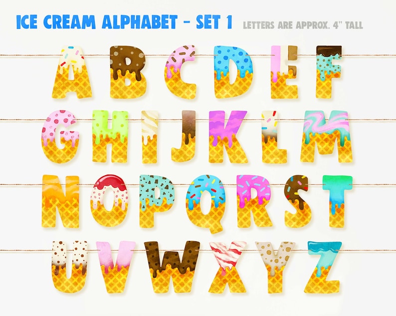 Ice Cream Alphabet Printable Garland Watercolor Art Birthday Etsy