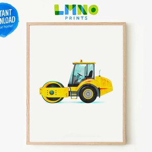 Yellow Road Roller Printable Watercolor Wall Art, Vertical, Construction Vehicle Decor for Boys Playroom or Bedroom- INSTANT DOWNLOAD