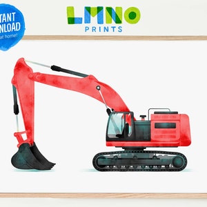 Red Excavator Printable Watercolor Art, Construction Vehicle Decor for Boys Nursery, Playroom, or Bedroom- INSTANT DOWNLOAD