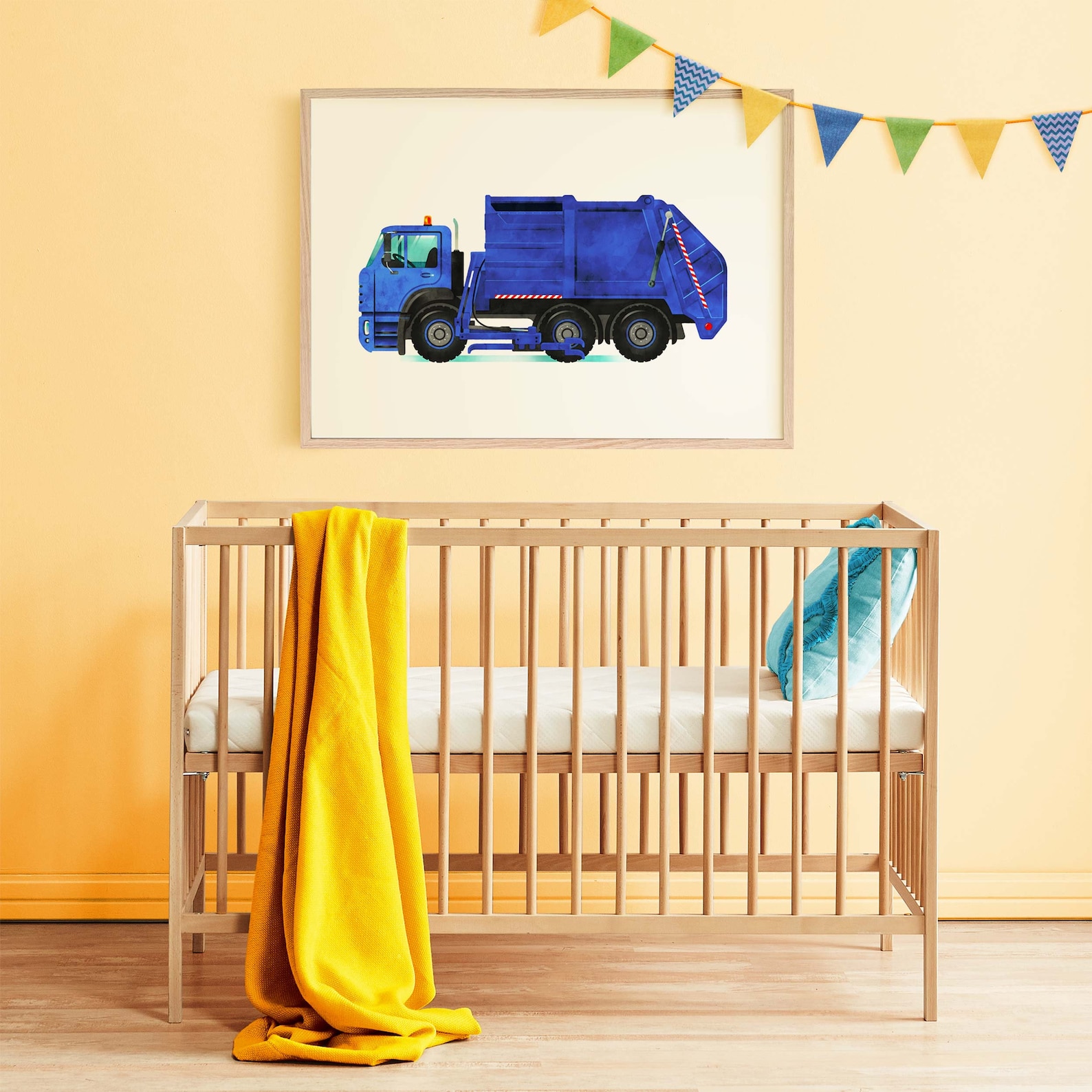 Grabber Arm Garbage Truck Printable Watercolor Art, Dark Blue