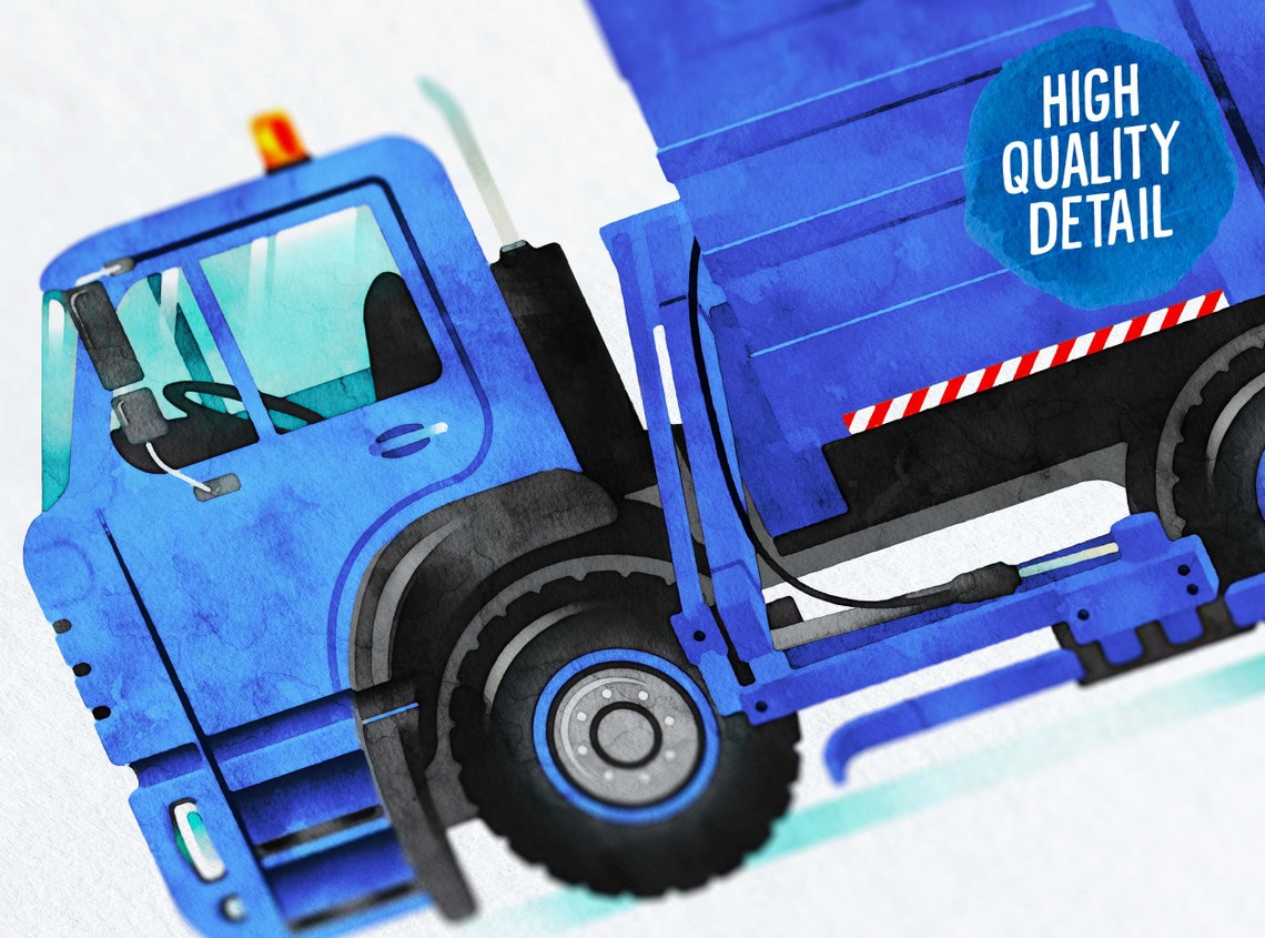 Grabber Arm Garbage Truck Printable Watercolor Art, Dark Blue