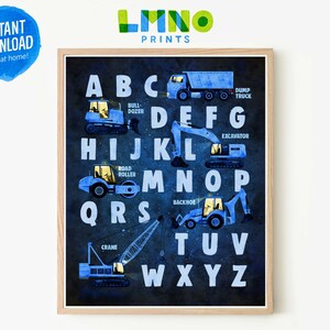Sternenhimmel Alphabet druckbare Aquarell Kunst, Baufahrzeug ABC Dekor für Jungen Kinderzimmer, Spielzimmer oder Schlafzimmer- INSTANT DOWNLOAD