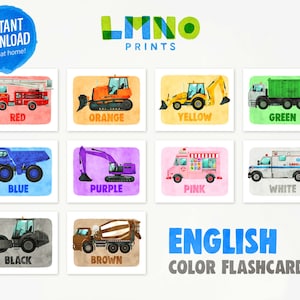 May include: Set of 10 printable flashcards featuring different vehicles in various colors. Each card has a watercolor background and features a vehicle with the corresponding color name written below. The colors included are red, orange, yellow, green, blue, purple, pink, white, black, and brown. The text "ENGLISH COLOR FLASHCARDS" is written at the bottom of the image.