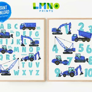 Set of 2 All Blue Construction Vehicle Alphabet and Numbers Printable Wall Art, Truck Digger ABC Decor for Kids Playroom- INSTANT DOWNLOAD