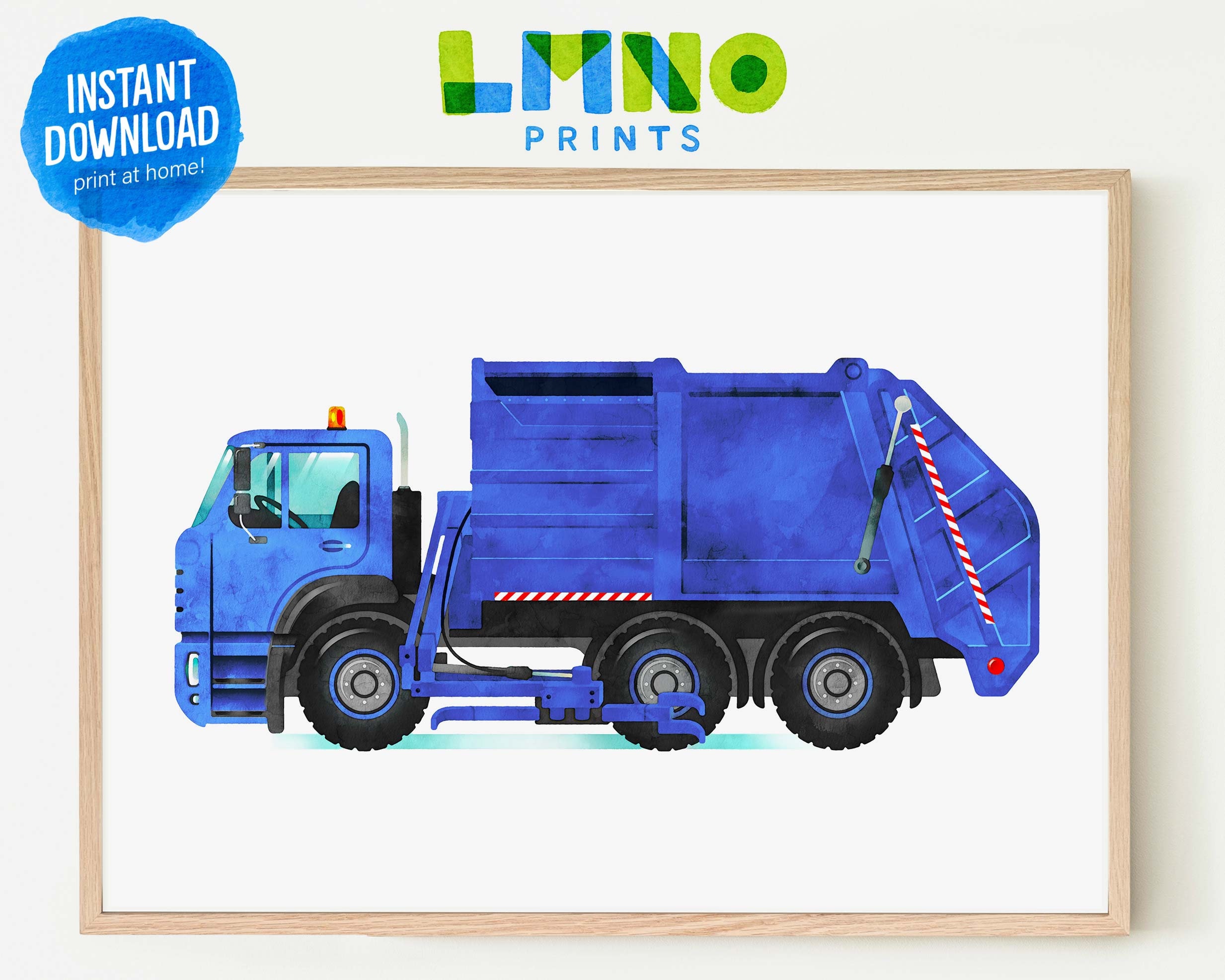 Grabber Arm Garbage Truck Printable Watercolor Art, Dark Blue