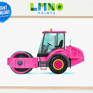 Pink Road Roller Printable Watercolor Wall Art, Construction Vehicle Decor for Kids Nursery, Playroom, or Bedroom- INSTANT DOWNLOAD