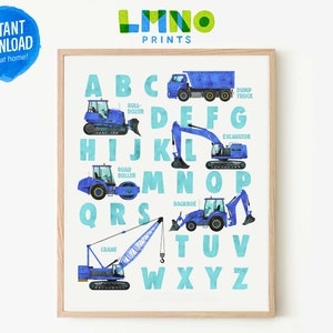 All Blue Construction Vehicle Alphabet Printable Watercolor Art, Truck and Digger ABC Decor for Boys Bedroom or Playroom- INSTANT DOWNLOAD