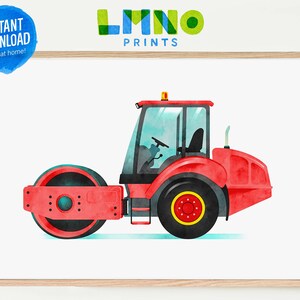 Red Road Roller Printable Watercolor Wall Art, Construction Vehicle Decor for Boys Nursery, Playroom, or Bedroom- INSTANT DOWNLOAD